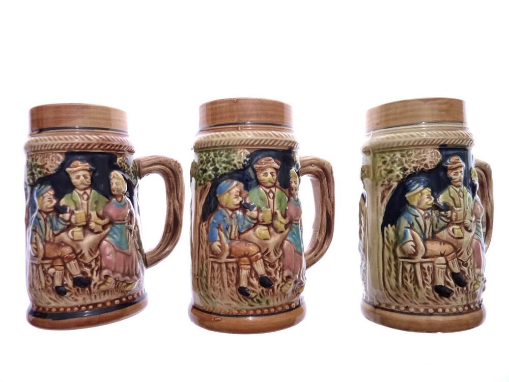 Vintage Beer Stein Set of 3 Ceramic Made in Japan Forest Pub Scene Barware Mugs